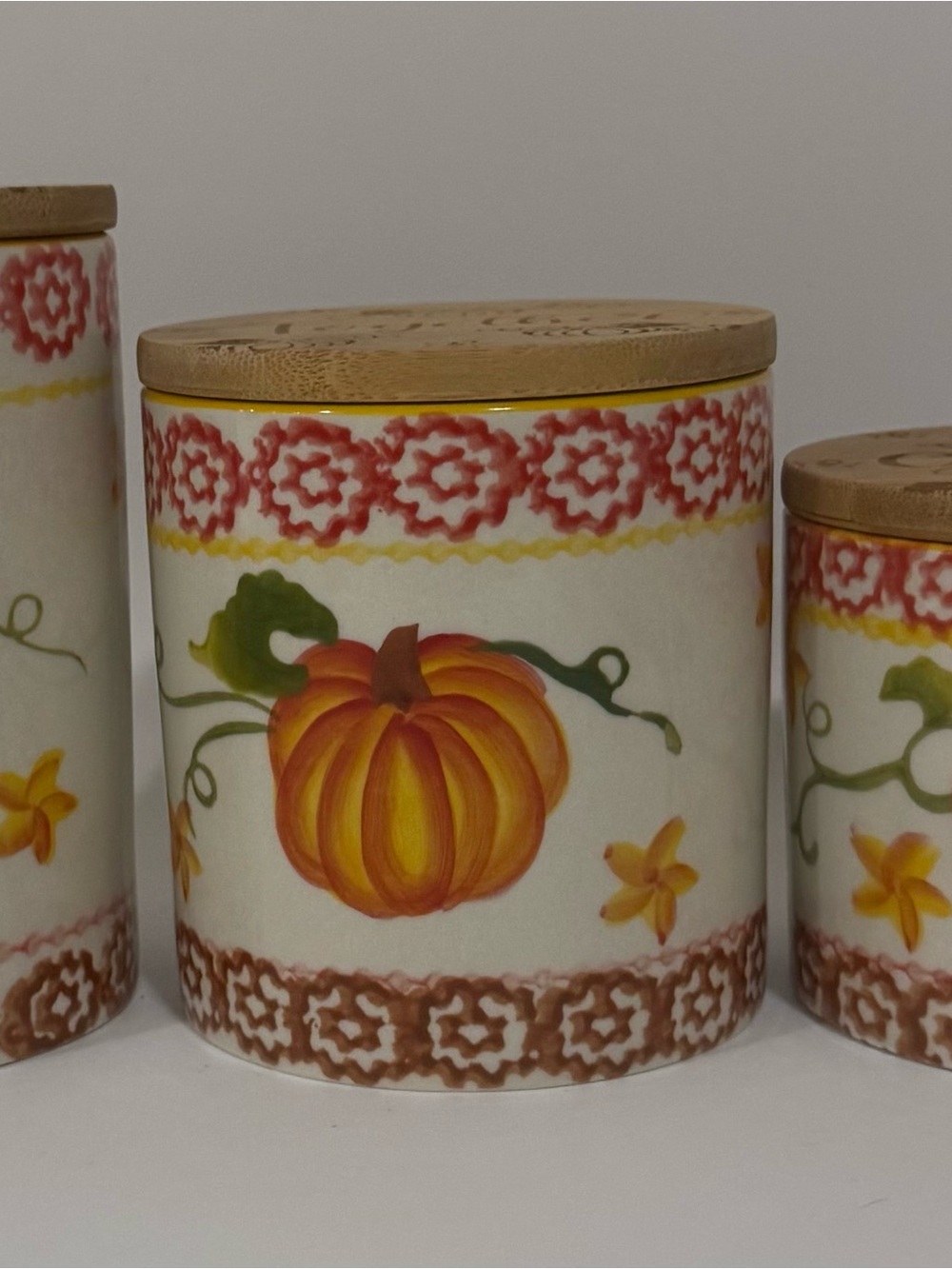 3pc Temptations Old World Harvest Pumpkin Canister Set Ceramic Wood Lids K54204